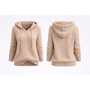 Knox Rose‎ Women Tan Popcorn Knit Pullover Hoodie Sweater Beige Size M